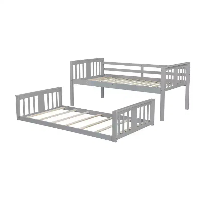Lit superposé bas avec barrières de sécurité, tête et pied de lit, pour enfants, garçons et filles, gris