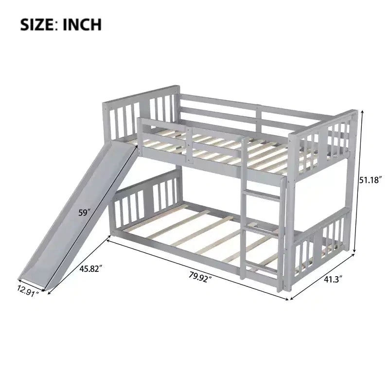 Lit superposé bas avec barrières de sécurité, tête et pied de lit, pour enfants, garçons et filles, gris
