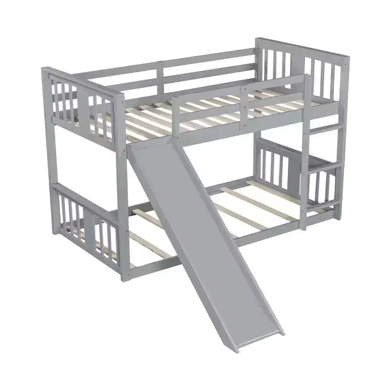 Lit superposé bas avec barrières de sécurité, tête et pied de lit, pour enfants, garçons et filles, gris