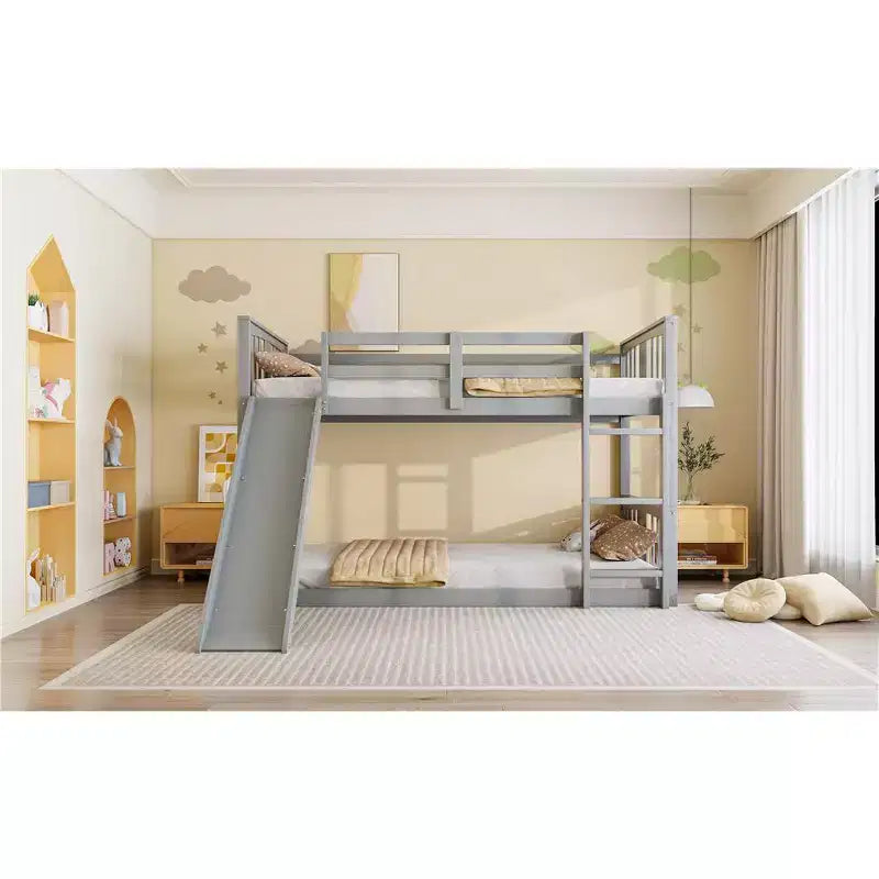 Etagenbett für Kinder, Etagenbett für Kinder mit Absturzsicherung sowie Kopf- und Fußteil, niedriges Etagenbett für Kinder, Jungen und Mädchen, Grau