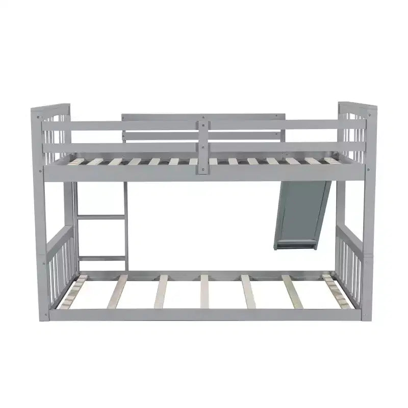 Lit superposé bas avec barrières de sécurité, tête et pied de lit, pour enfants, garçons et filles, gris