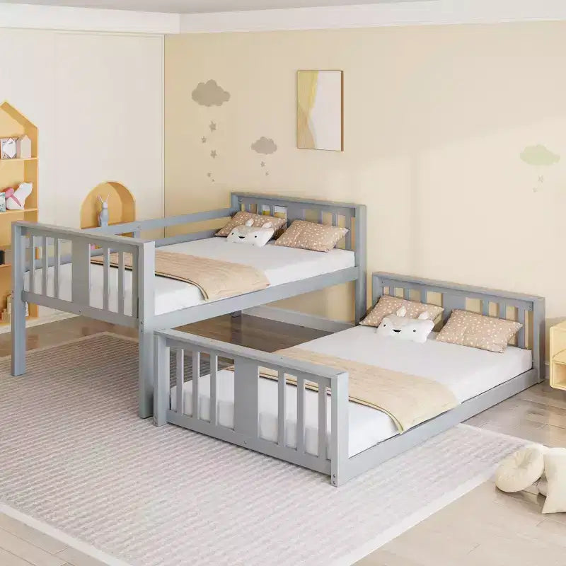 Lit superposé bas avec barrières de sécurité, tête et pied de lit, pour enfants, garçons et filles, gris