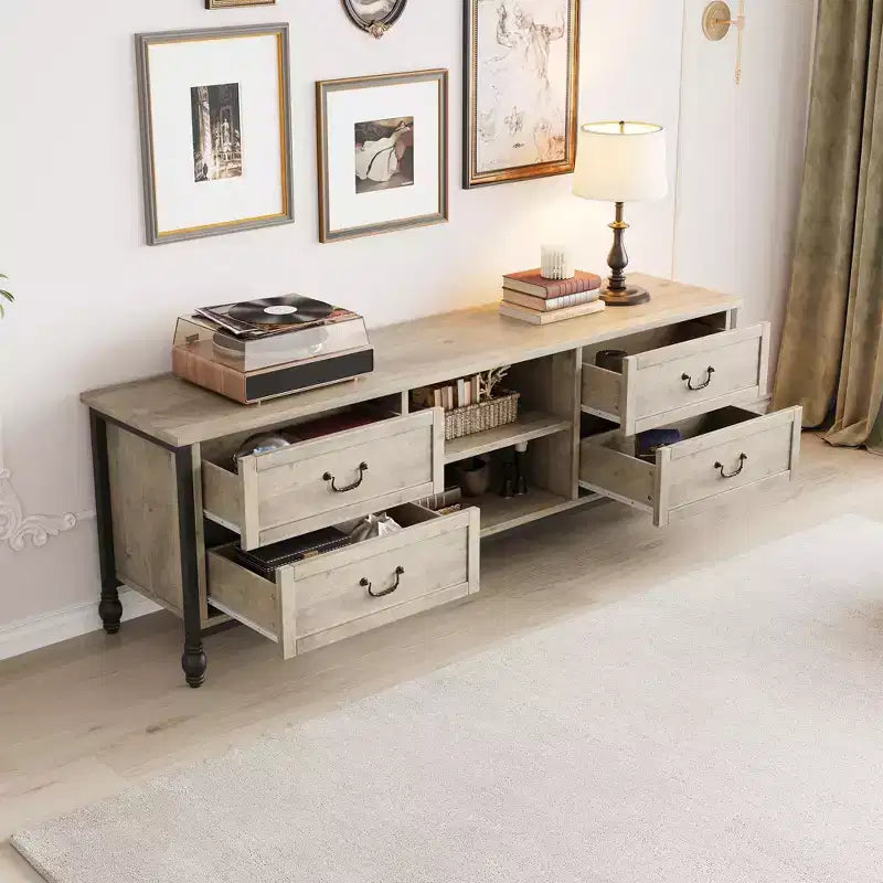 Mueble para TV de 70 pulgadas, centro de entretenimiento con armario de almacenamiento y estantes abiertos, consola para TV y mueble multimedia para sala de estar y dormitorio