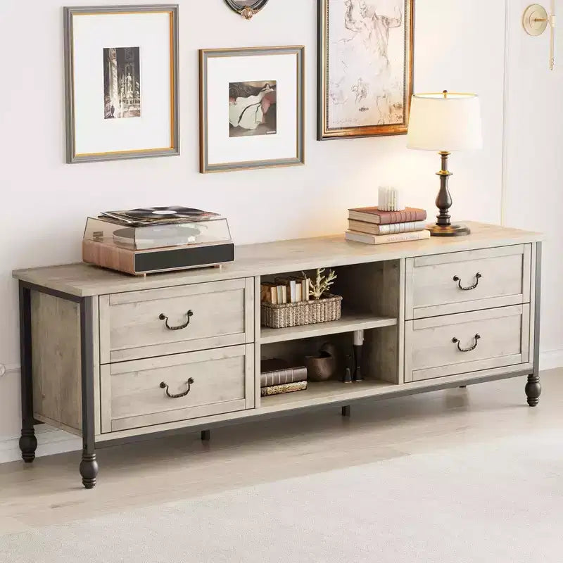 Mueble para TV de 70 pulgadas, centro de entretenimiento con armario de almacenamiento y estantes abiertos, consola para TV y mueble multimedia para sala de estar y dormitorio