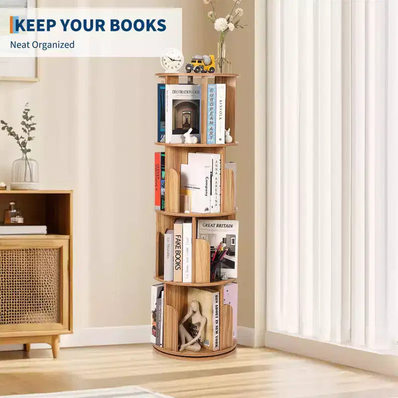 Drehbares Bücherregal aus Holz mit 4 Ebenen, freistehend und um 360° drehbar, vielseitiger Aufbewahrungsorganizer für Wohnzimmer, Kinder und Erwachsene