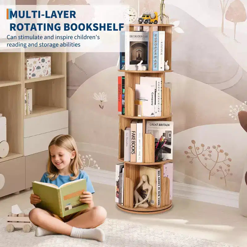 Drehbares Bücherregal aus Holz mit 4 Ebenen, freistehend und um 360° drehbar, vielseitiger Aufbewahrungsorganizer für Wohnzimmer, Kinder und Erwachsene