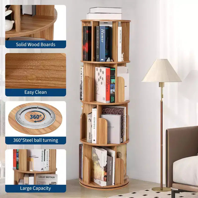 Drehbares Bücherregal aus Holz mit 4 Ebenen, freistehend und um 360° drehbar, vielseitiger Aufbewahrungsorganizer für Wohnzimmer, Kinder und Erwachsene
