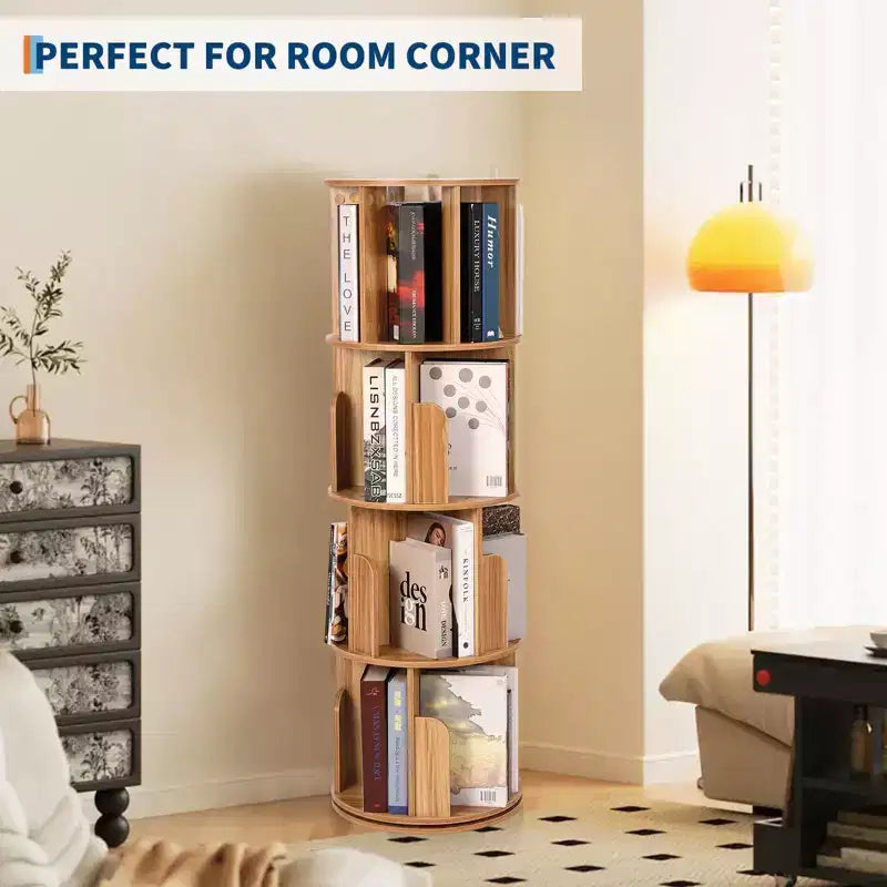 Drehbares Bücherregal aus Holz mit 4 Ebenen, freistehend und um 360° drehbar, vielseitiger Aufbewahrungsorganizer für Wohnzimmer, Kinder und Erwachsene
