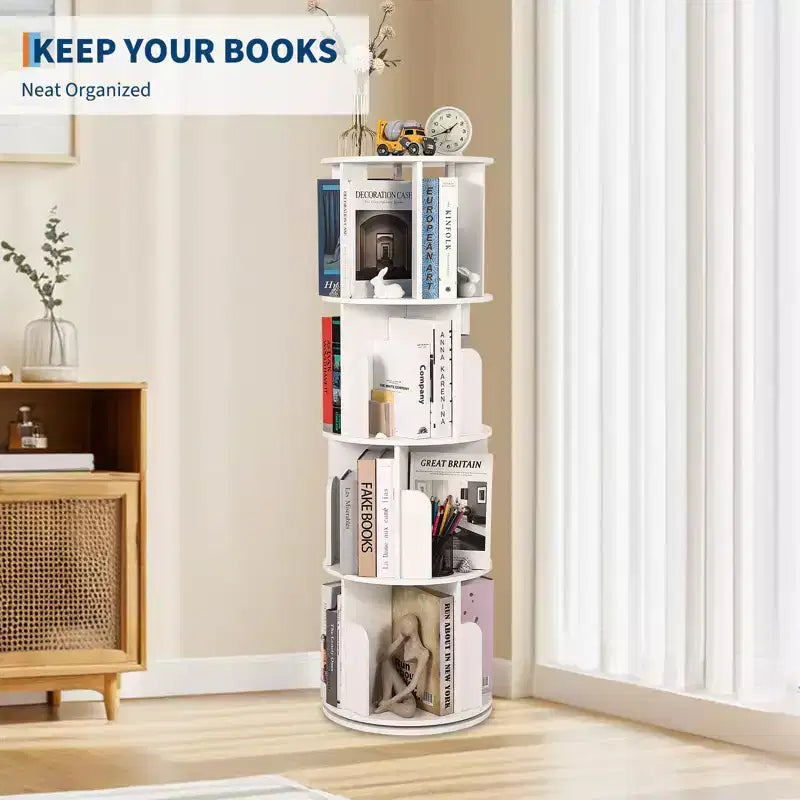 Drehbares Bücherregal aus Holz mit 4 Ebenen, freistehend und um 360° drehbar, vielseitiger Aufbewahrungsorganizer für Wohnzimmer, Kinder und Erwachsene