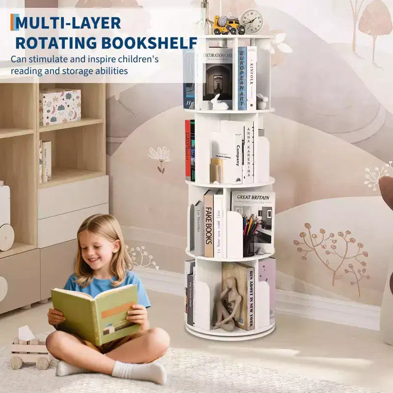 Bibliothèque rotative en bois à 4 niveaux, bibliothèque sur pied pivotant à 360° et rangement multifonctionnel pour le salon, les enfants et les adultes