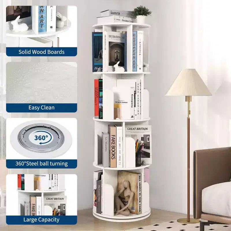 Drehbares Bücherregal aus Holz mit 4 Ebenen, freistehend und um 360° drehbar, vielseitiger Aufbewahrungsorganizer für Wohnzimmer, Kinder und Erwachsene
