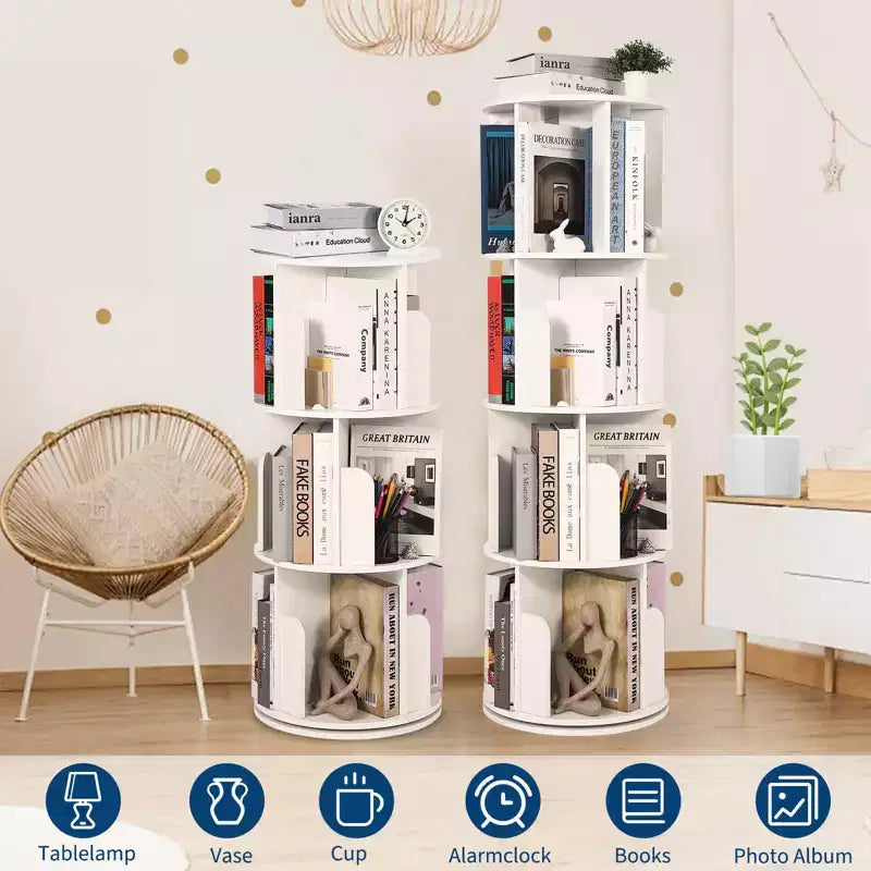 Drehbares Bücherregal aus Holz mit 4 Ebenen, freistehend und um 360° drehbar, vielseitiger Aufbewahrungsorganizer für Wohnzimmer, Kinder und Erwachsene