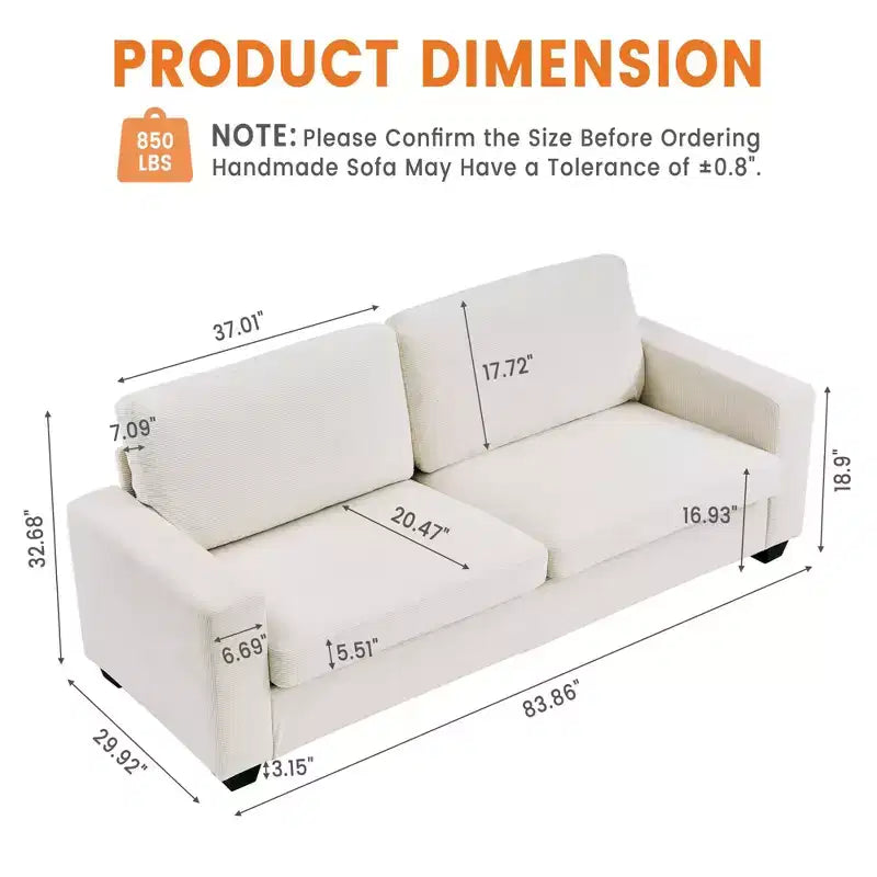 84-Zoll-Couch in Wolkenform mit tiefer Sitzfläche, Cordsofa mit 3 Sitzplätzen, modernes Polstersofa mit breiten Armlehnen fürs Wohnzimmer, Beige