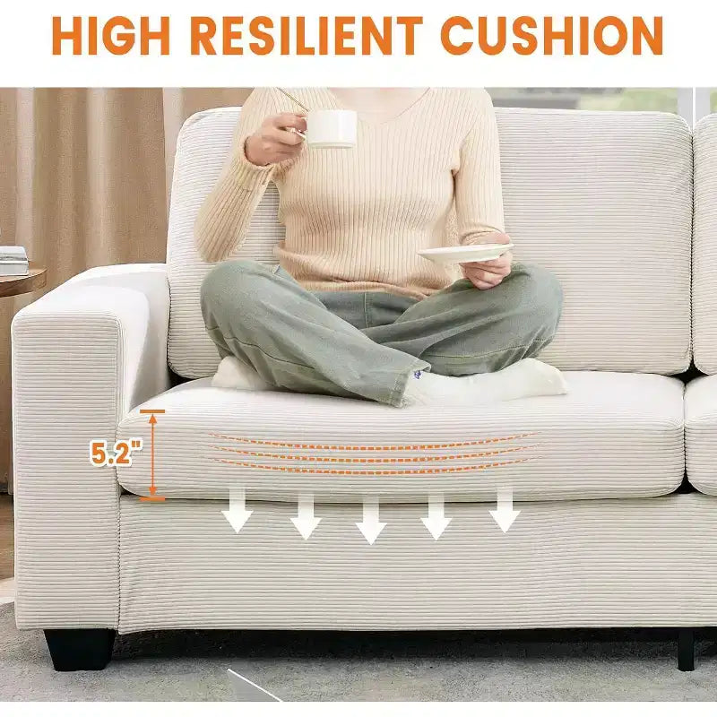84-Zoll-Couch in Wolkenform mit tiefer Sitzfläche, Cordsofa mit 3 Sitzplätzen, modernes Polstersofa mit breiten Armlehnen fürs Wohnzimmer, Beige