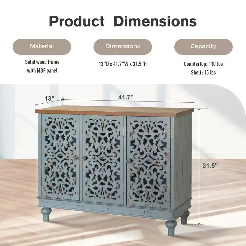Aparador de almacenamiento decorativo con tallado calado envejecido y patas de madera maciza, para sala de estar, recibidor y vestíbulo