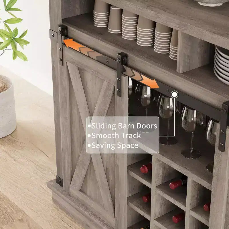 75 hoher Kaffeeschrank, großer Küchenschrank und Vorratsschrank, weißer Kaffeeschrank mit Schiebetür im Scheunentor-Design