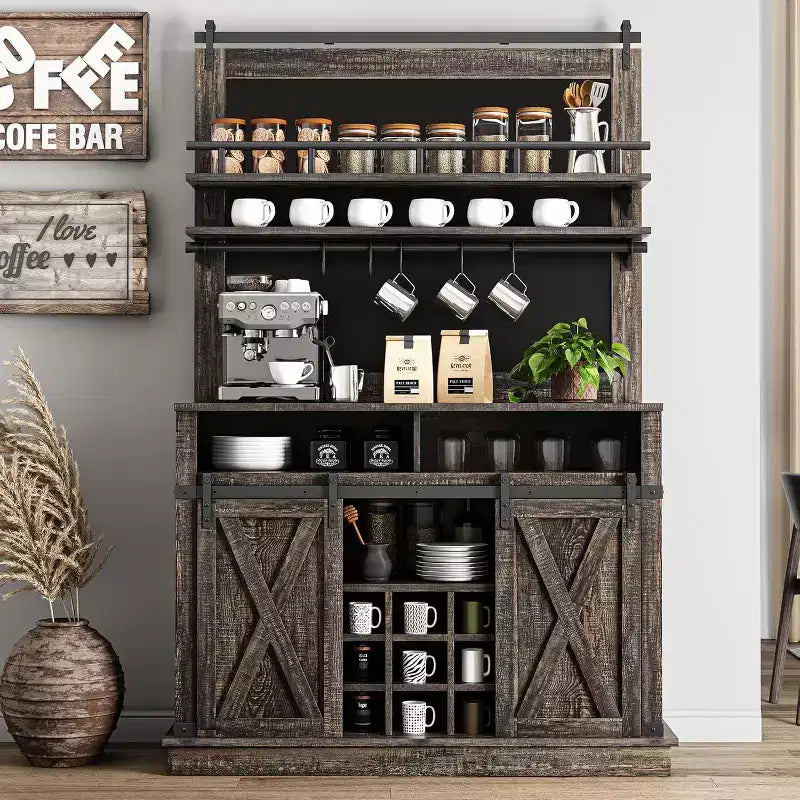 75 hoher Kaffeeschrank, großer Küchenschrank und Vorratsschrank, weißer Kaffeeschrank mit Schiebetür im Scheunentor-Design
