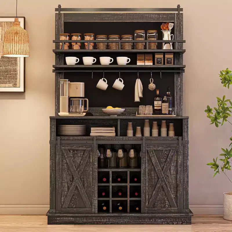 75 hoher Kaffeeschrank, großer Küchenschrank und Vorratsschrank, weißer Kaffeeschrank mit Schiebetür im Scheunentor-Design
