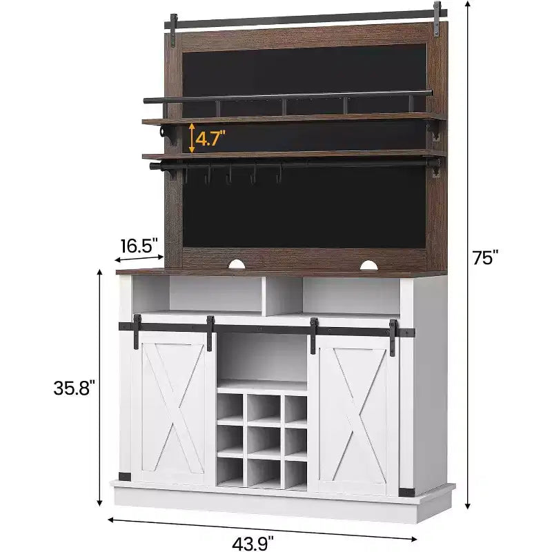 75 hoher Kaffeeschrank, großer Küchenschrank und Vorratsschrank, weißer Kaffeeschrank mit Schiebetür im Scheunentor-Design