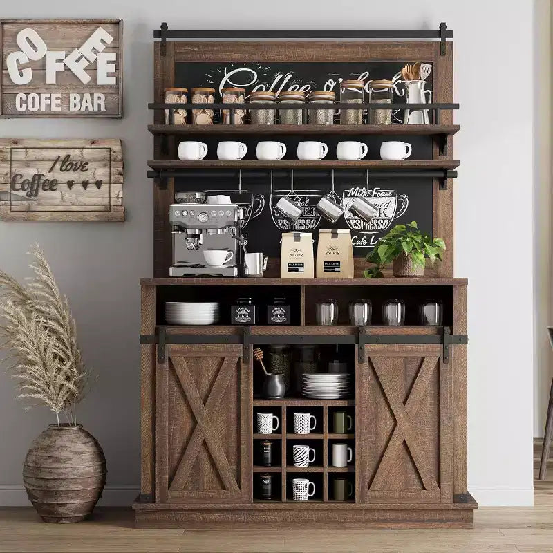 75 hoher Kaffeeschrank, großer Küchenschrank und Vorratsschrank, weißer Kaffeeschrank mit Schiebetür im Scheunentor-Design