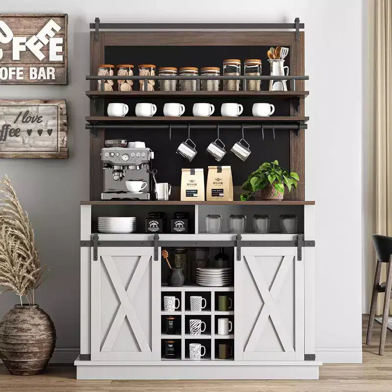 75 hoher Kaffeeschrank, großer Küchenschrank und Vorratsschrank, weißer Kaffeeschrank mit Schiebetür im Scheunentor-Design