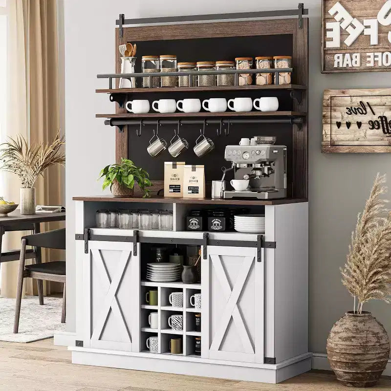 75 hoher Kaffeeschrank, großer Küchenschrank und Vorratsschrank, weißer Kaffeeschrank mit Schiebetür im Scheunentor-Design