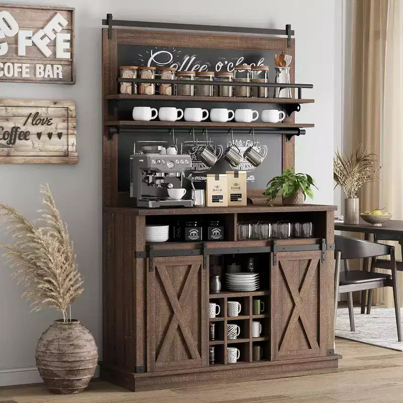 Meuble haut pour coin café de 75, grand placard de rangement pour cuisine et garde-manger, blanc, avec porte de grange coulissante