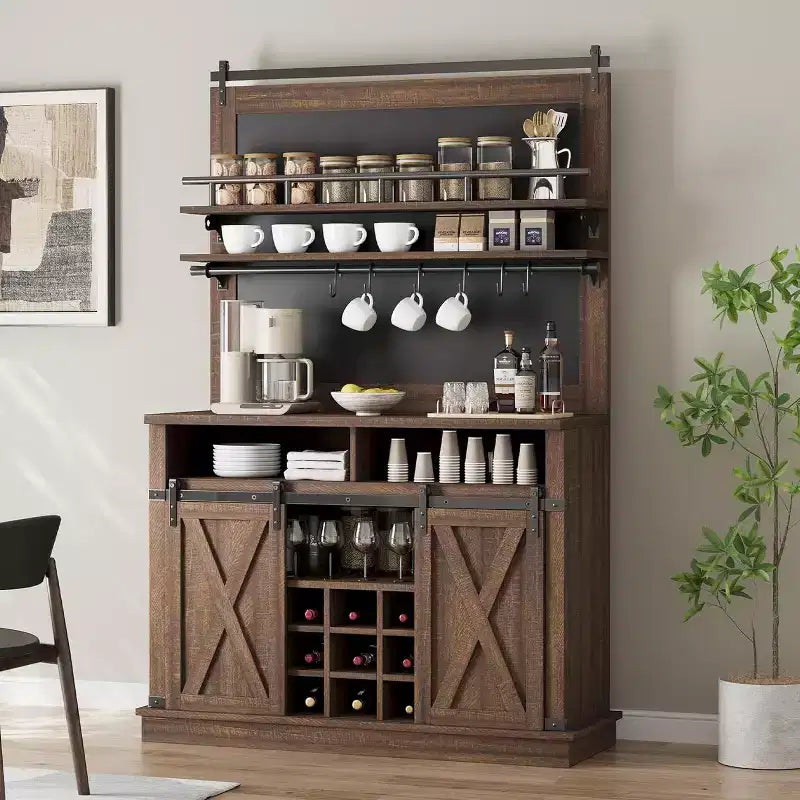 75 hoher Kaffeeschrank, großer Küchenschrank und Vorratsschrank, weißer Kaffeeschrank mit Schiebetür im Scheunentor-Design