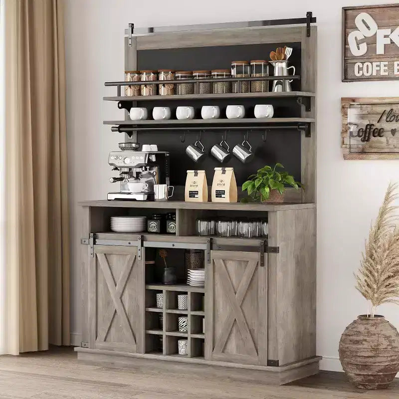Meuble haut pour coin café de 75, grand placard de rangement pour cuisine et garde-manger, blanc, avec porte de grange coulissante