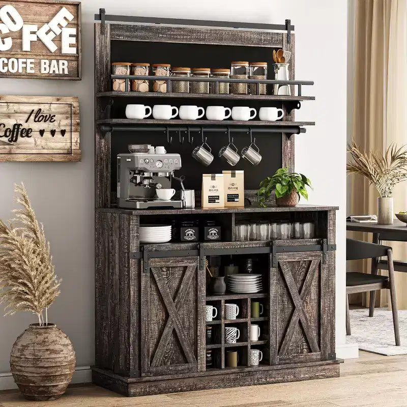 Meuble haut pour coin café de 75, grand placard de rangement pour cuisine et garde-manger, blanc, avec porte de grange coulissante