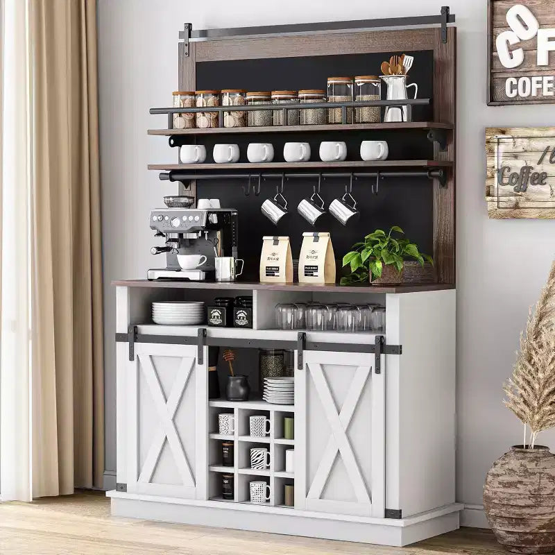 Meuble haut pour coin café de 75, grand placard de rangement pour cuisine et garde-manger, blanc, avec porte de grange coulissante
