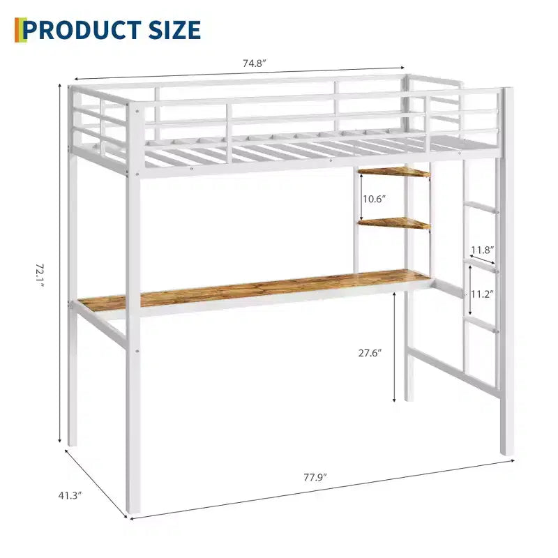 Cama alta Twin con escritorio grande y estantes de almacenamiento, cama alta de metal con barandilla de seguridad y escalera para niños y adultos, ahorra espacio