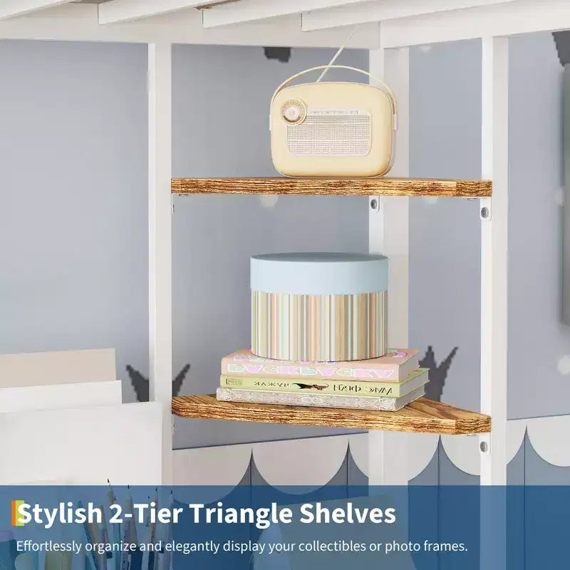 Cama alta Twin con escritorio grande y estantes de almacenamiento, cama alta de metal con barandilla de seguridad y escalera para niños y adultos, ahorra espacio