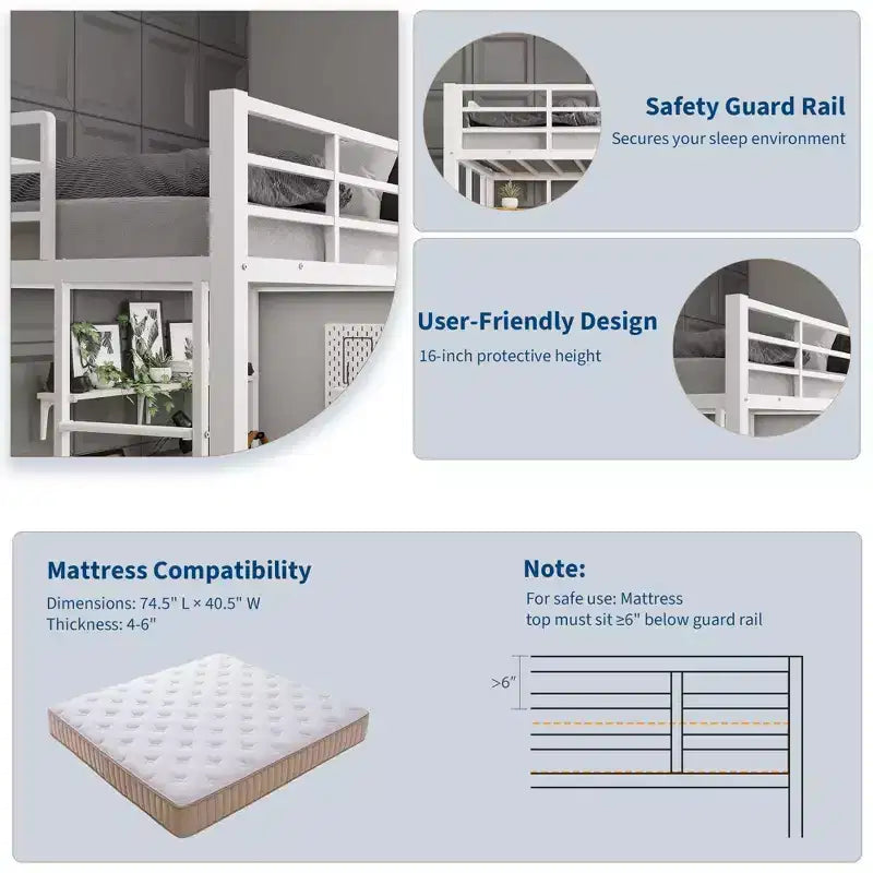 Cama alta Twin con escritorio grande y estantes de almacenamiento, cama alta de metal con barandilla de seguridad y escalera para niños y adultos, ahorra espacio
