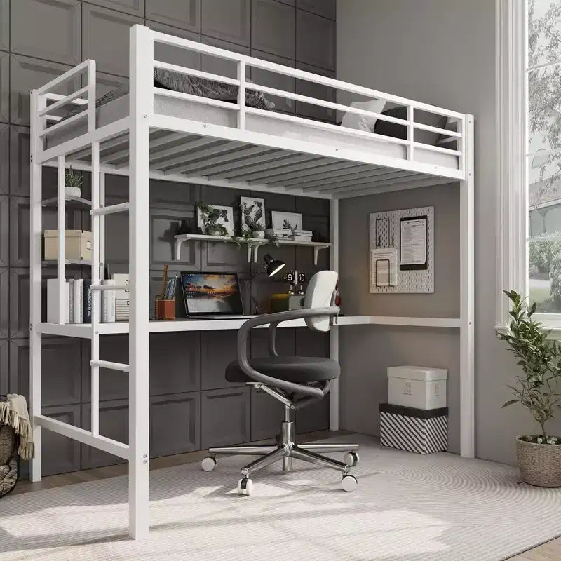 Cama alta Twin con escritorio grande y estantes de almacenamiento, cama alta de metal con barandilla de seguridad y escalera para niños y adultos, ahorra espacio