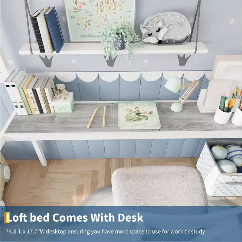 Cama alta Twin con escritorio grande y estantes de almacenamiento, cama alta de metal con barandilla de seguridad y escalera para niños y adultos, ahorra espacio