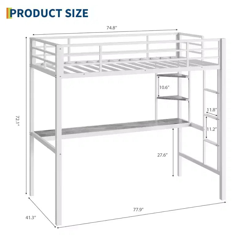 Cama alta Twin con escritorio grande y estantes de almacenamiento, cama alta de metal con barandilla de seguridad y escalera para niños y adultos, ahorra espacio