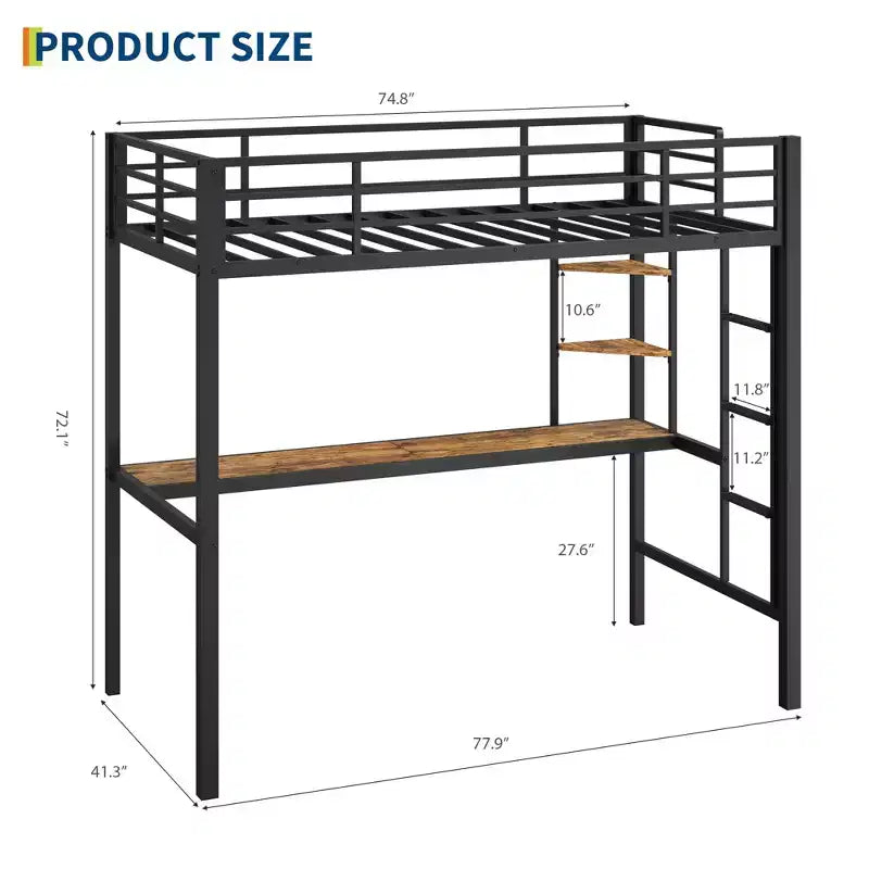 Hochbett in Twin-Größe mit großem Schreibtisch und Ablageregalen, Metallhochbett mit Sicherheitsgeländer und Leiter für Kinder und Erwachsene, platzsparend