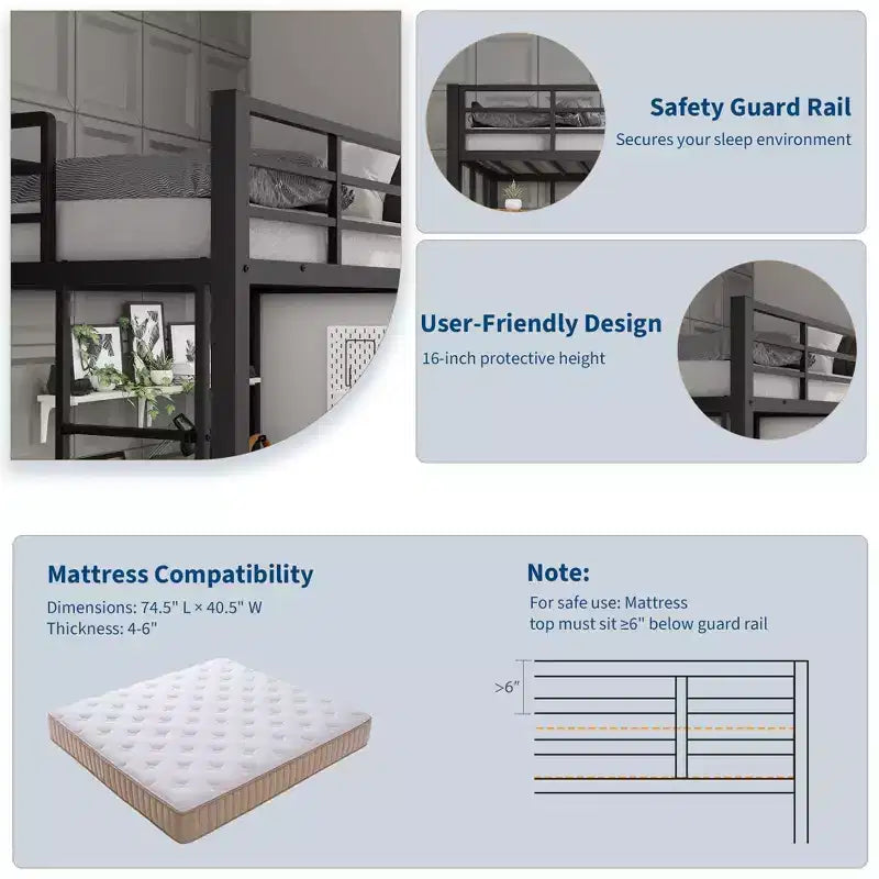 Cama alta Twin con escritorio grande y estantes de almacenamiento, cama alta de metal con barandilla de seguridad y escalera para niños y adultos, ahorra espacio