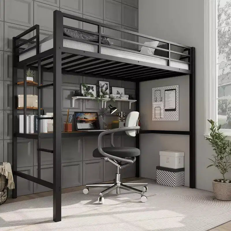 Cama alta Twin con escritorio grande y estantes de almacenamiento, cama alta de metal con barandilla de seguridad y escalera para niños y adultos, ahorra espacio