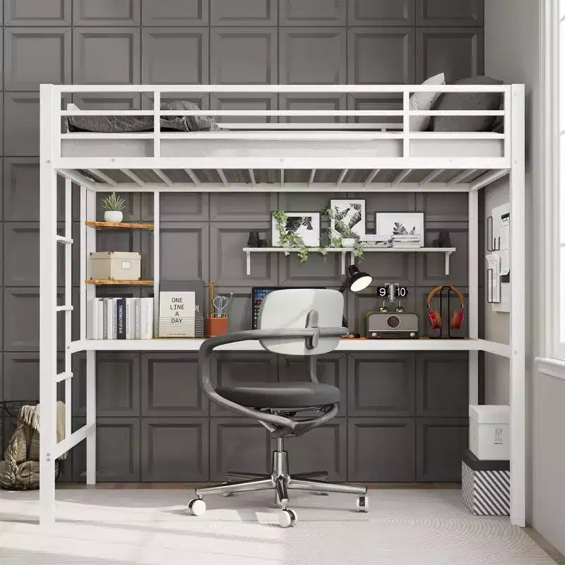 Hochbett in Twin-Größe mit großem Schreibtisch und Ablageregalen, Metallhochbett mit Sicherheitsgeländer und Leiter für Kinder und Erwachsene, platzsparend