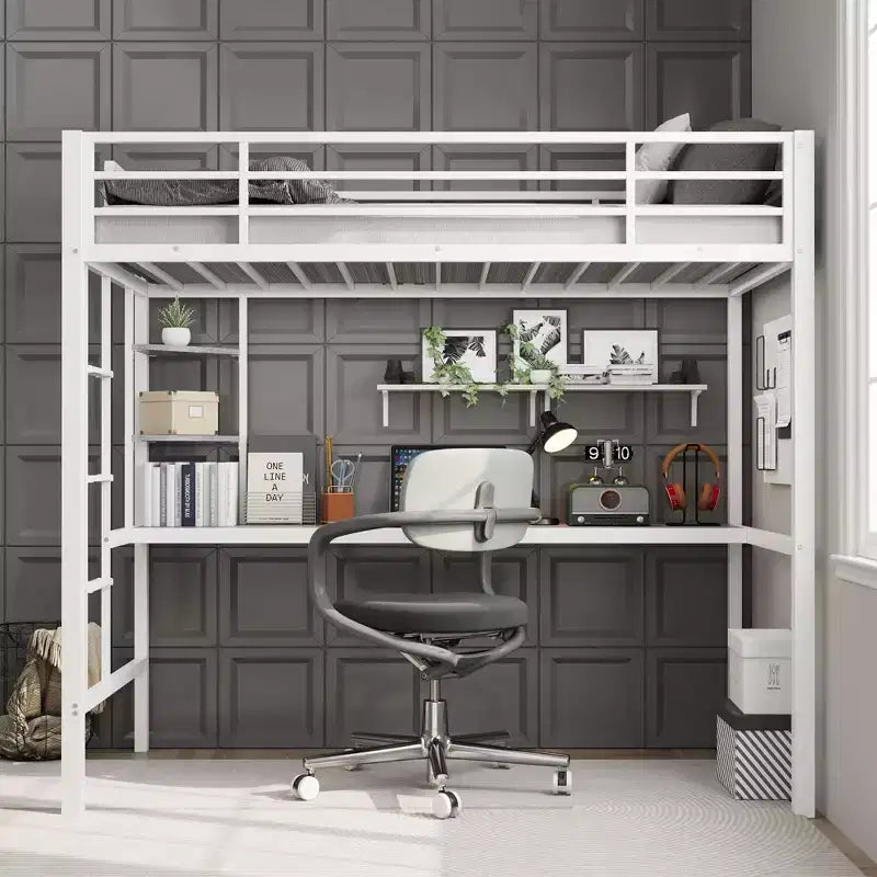 Hochbett in Twin-Größe mit großem Schreibtisch und Ablageregalen, Metallhochbett mit Sicherheitsgeländer und Leiter für Kinder und Erwachsene, platzsparend
