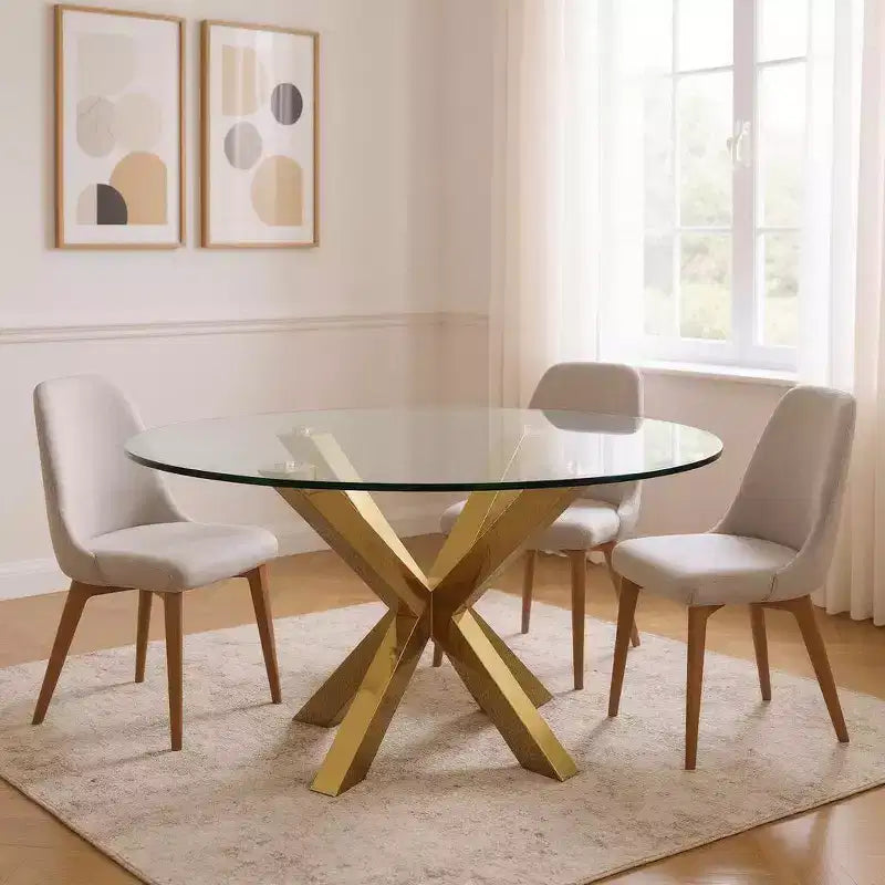 Mesa de comedor redonda de vidrio transparente y metal, de 54, con base de patas cruzadas doradas