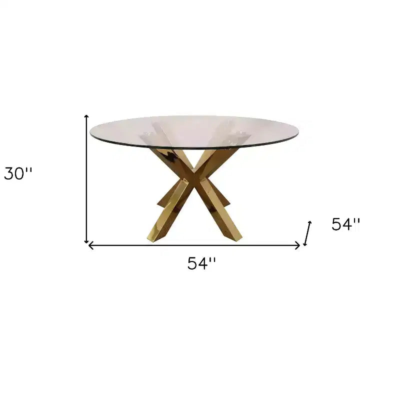 Mesa de comedor redonda de vidrio transparente y metal, de 54, con base de patas cruzadas doradas