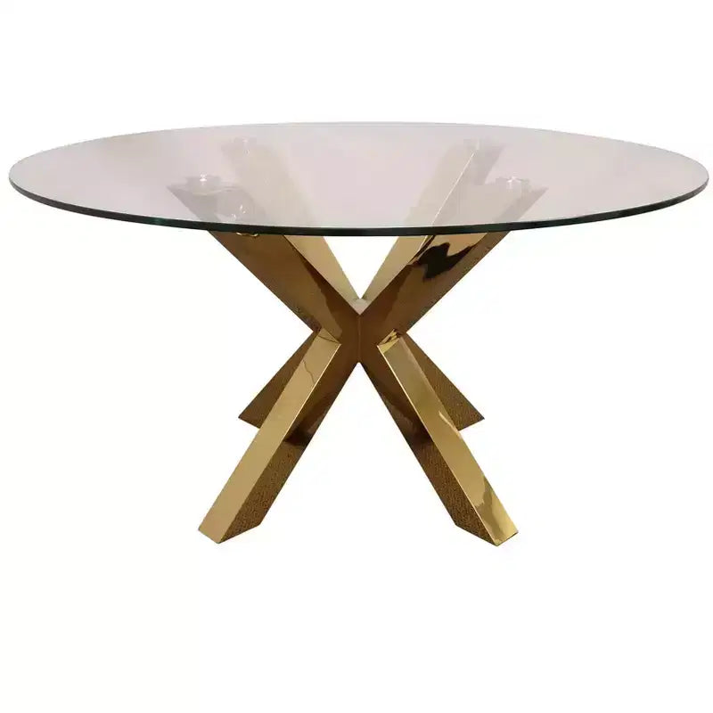 Mesa de comedor redonda de vidrio transparente y metal, de 54, con base de patas cruzadas doradas