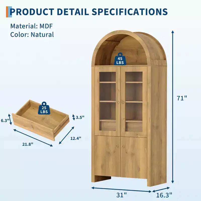 Armoire cintrée de 71 pouces avec portes, armoire de cuisine cintrée avec tiroir dissimulé, étagères réglables, armoires de rangement et d’exposition modernes