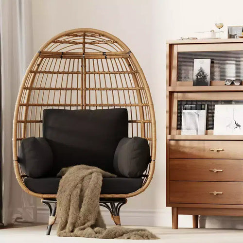 Sillón huevo extragrande giratorio 360, sillón de descanso para patio de ratán PE con cojín mullido, estructura de acero y base metálica, diseño de cesta de mimbre impermeable