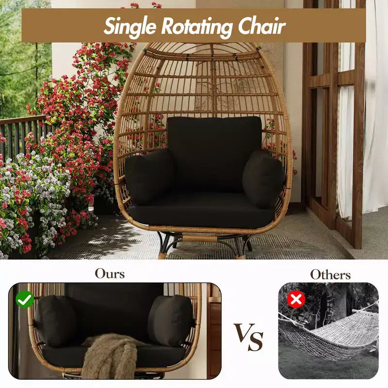 Sillón huevo extragrande giratorio 360, sillón de descanso para patio de ratán PE con cojín mullido, estructura de acero y base metálica, diseño de cesta de mimbre impermeable