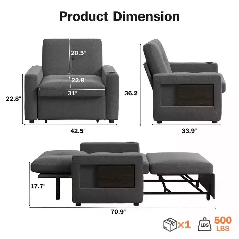 Fauteuil-lit convertible 3-en-1 de 42.5 pouces - canapé-lit inclinable extensible avec dossier réglable, ports de recharge USB, porte-gobelet