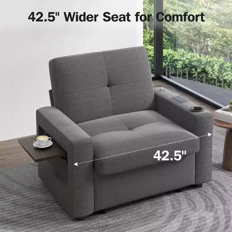 Fauteuil-lit convertible 3-en-1 de 42.5 pouces - canapé-lit inclinable extensible avec dossier réglable, ports de recharge USB, porte-gobelet
